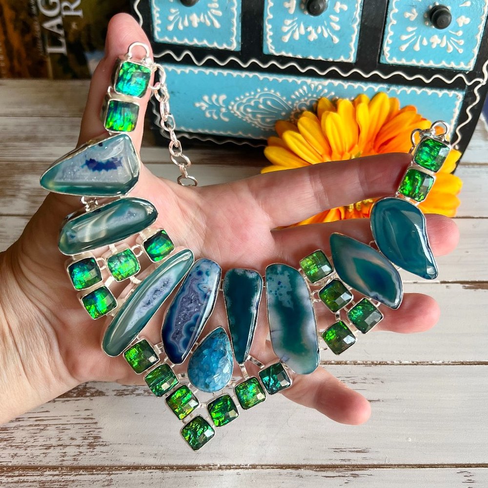 Solar Agate Necklace Triplet Opal Ocean Blue Large Handmade 925 Silver Boho New! - Picture 6 of 16